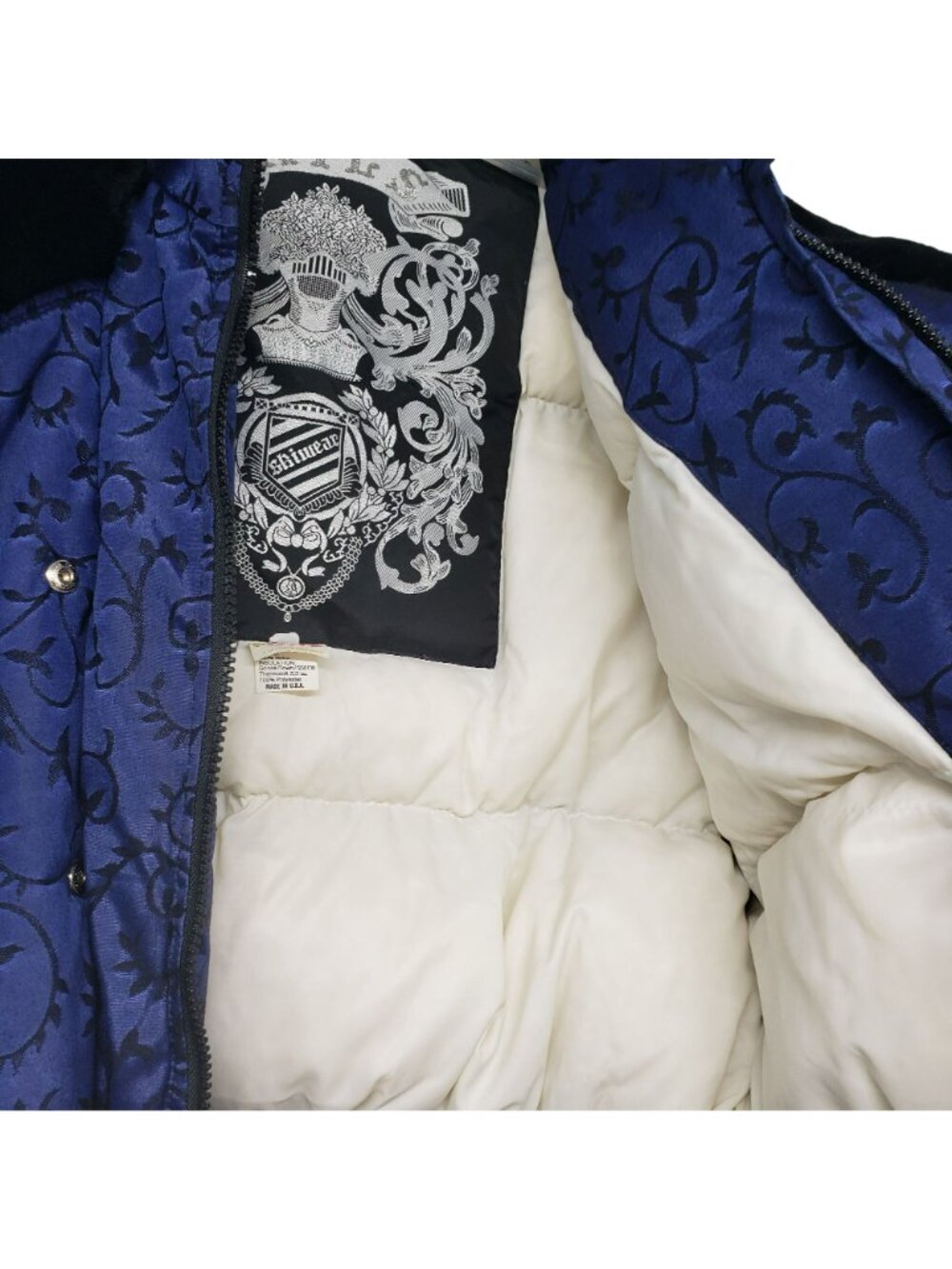 Vintage Nils Down Fill Ski Jacket Winter Coat Fur Trim Blue Jacquard Print Retro - Picture 14 of 16